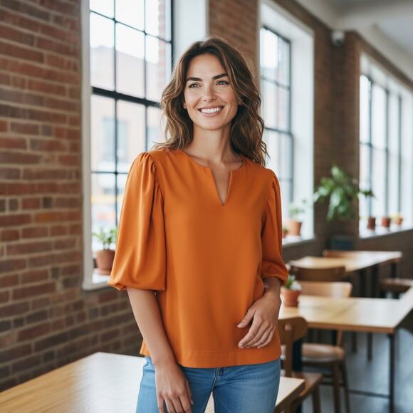 Chico's Bubble Sleeve Blouse - Burnt Orange - Size 1 - Picture 1 of 8